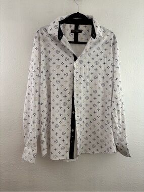 Chuxx white button-down dress shirt black geometric pattern  size L